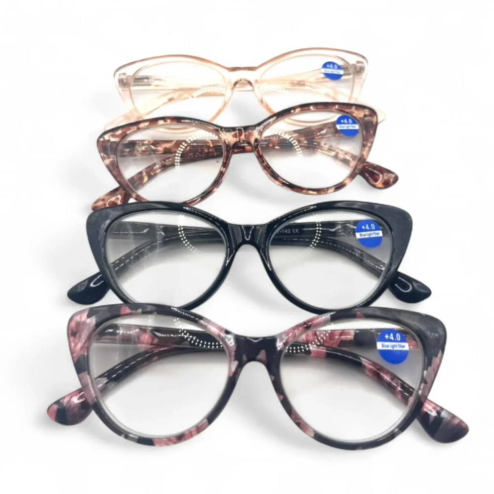 Women’s Classic Cat-Eye +4.0 Reading Glasses Multi Colors with Cases